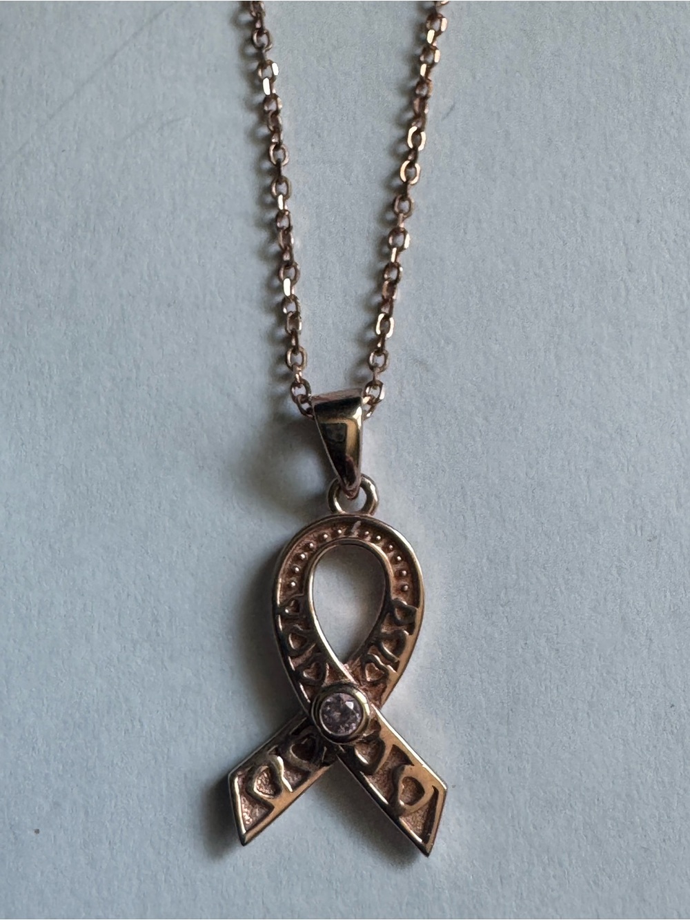 Stamped 925 Rose Gold Vermeil center pink CZ Awareness Ribbon Pendant Necklace